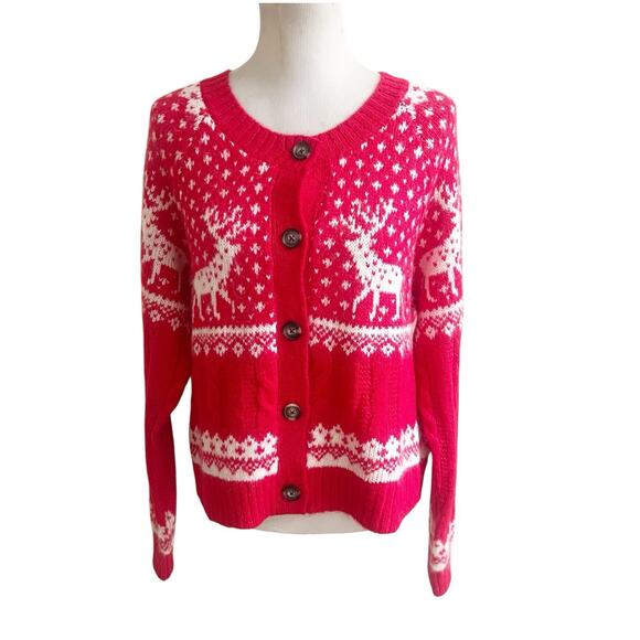 Old Navy NWT Women's Alpine Fair Isle Cardigan Sweater L Deer Trees Red White - Picture 1 of 12